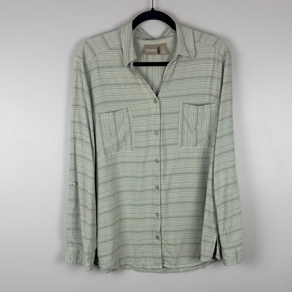 Chico's Casual Gray Striped Roll Up Sleeve Button-Up Blouse Size 3 - Picture 2 of 10